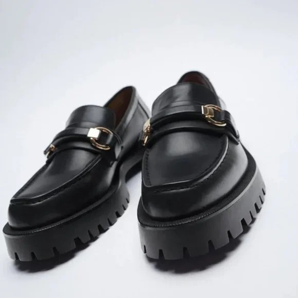 Zara black chunky loafers with Gold Buckle